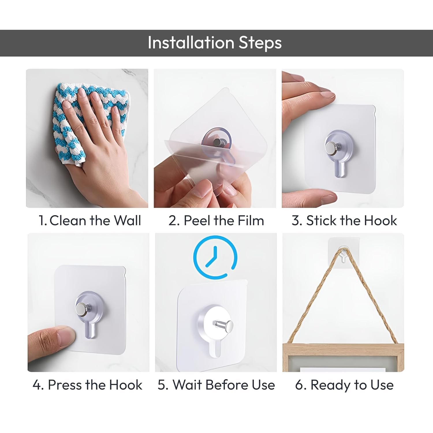 Novique Self-Adhesive Photo Frame Hooks | No-Drill | Transparent + Steel | Pack of 20 - Image 3