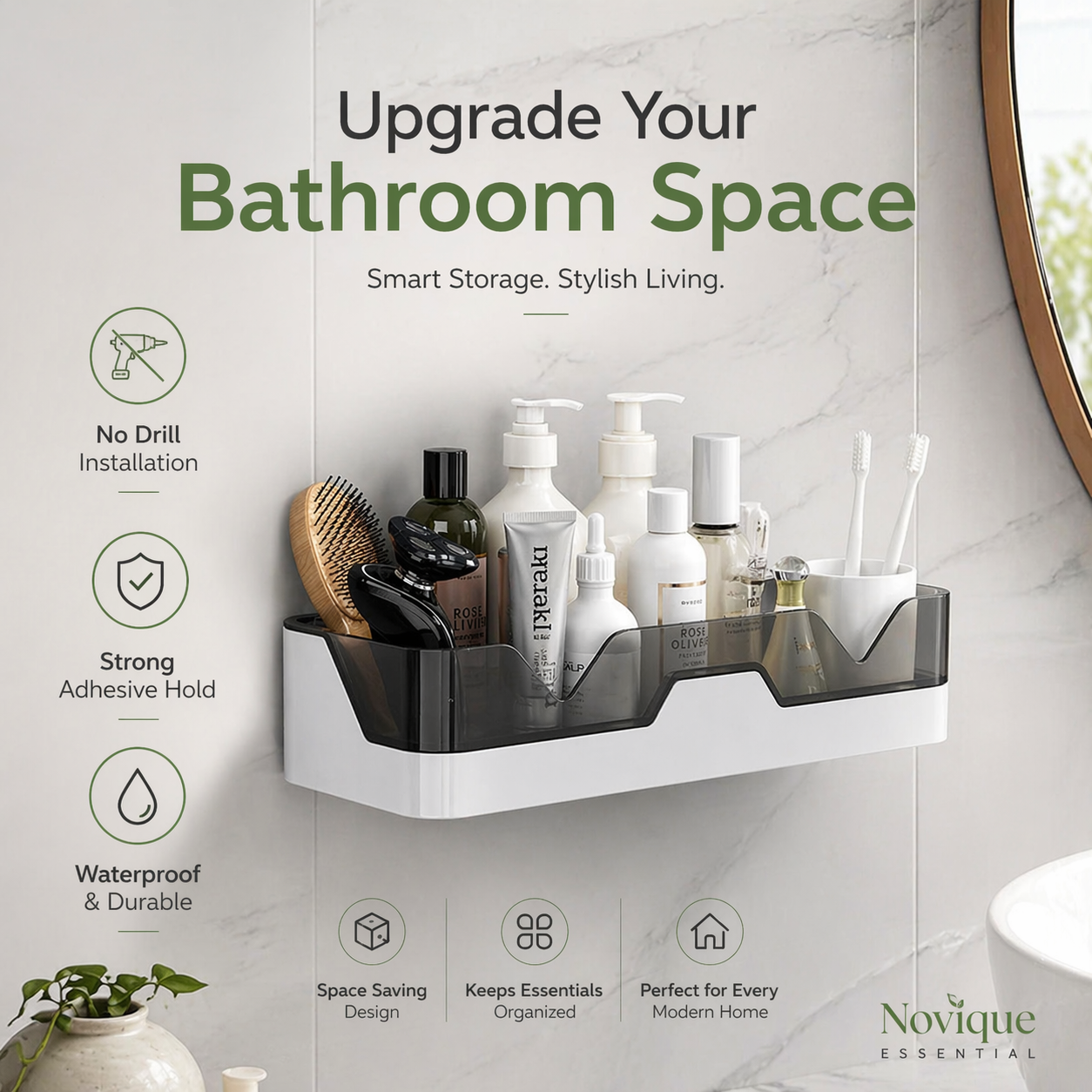 Wall-Mounted Bathroom Organizer Shelf | No-Drill Kitchen Storage Rack - Image 2