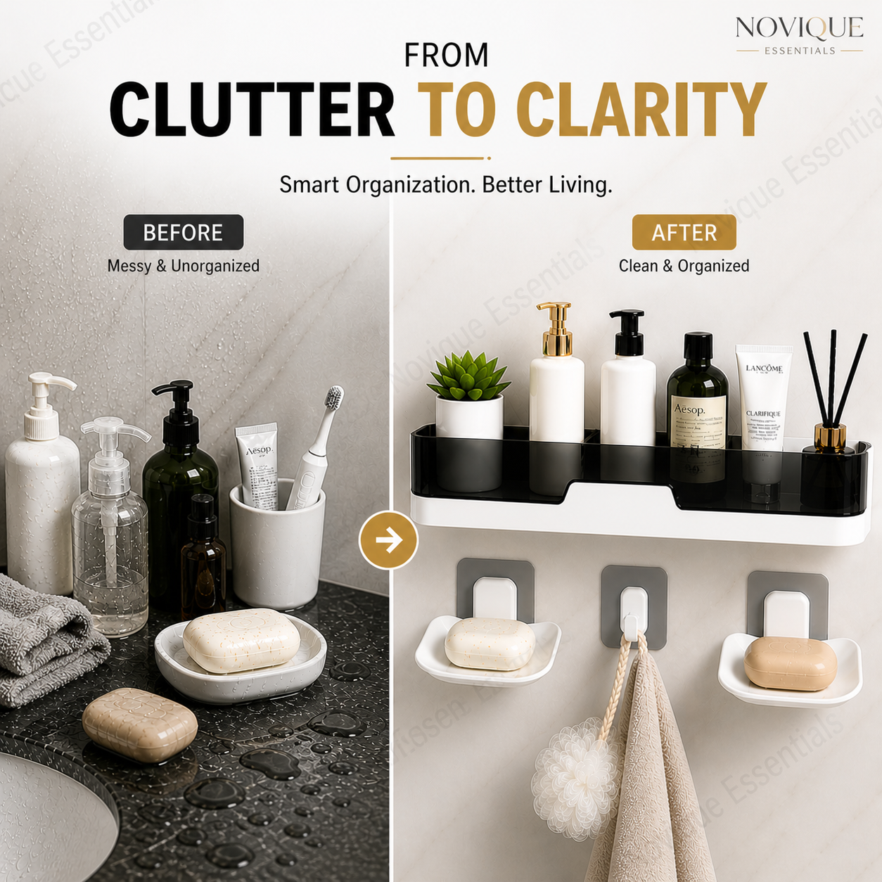 Bathroom Organizer Combo Set – Wall Shelf + Soap Dish + Hooks | No Drill Adhesive | Novique Essentials - Image 4