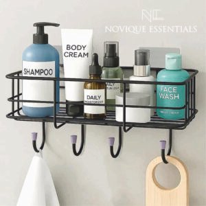 Black Metal Wall-Mounted Bathroom Shelf with 4 Hooks | No Drill  Adhesive Shower Caddy | Novique Essentials