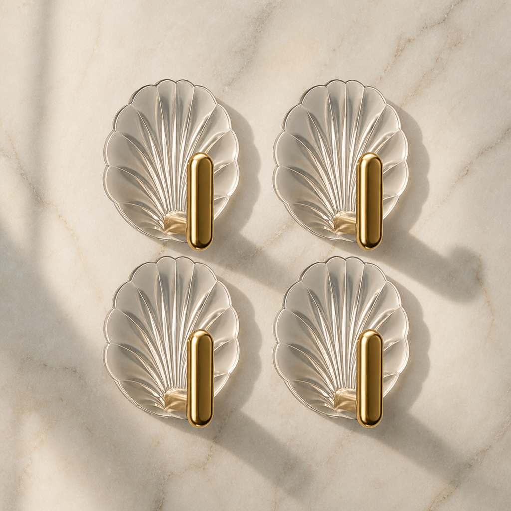 Shell Shape Decorative Wall Hooks with Gold Accent | Pack of 4 |  No Drill Adhesive | Novique Essentials
