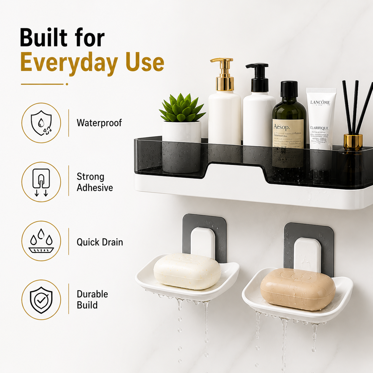 Bathroom Organizer Combo Set – Wall Shelf + Soap Dish + Hooks | No Drill Adhesive | Novique Essentials - Image 3