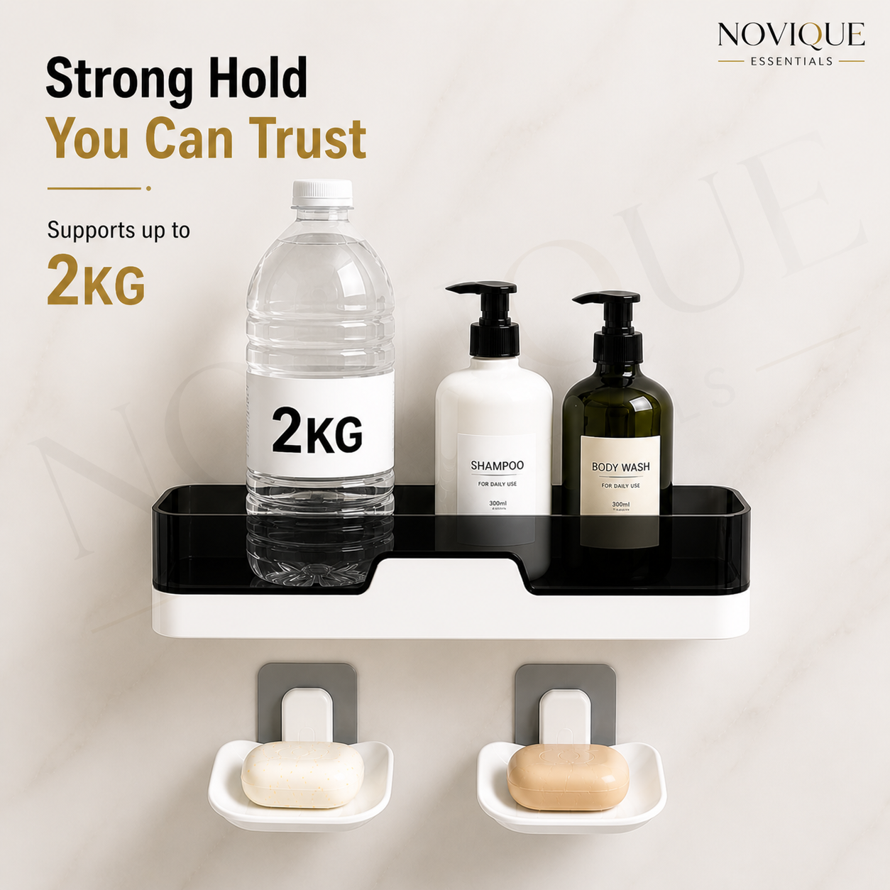 Bathroom Organizer Combo Set – Wall Shelf + Soap Dish + Hooks | No Drill Adhesive | Novique Essentials - Image 2