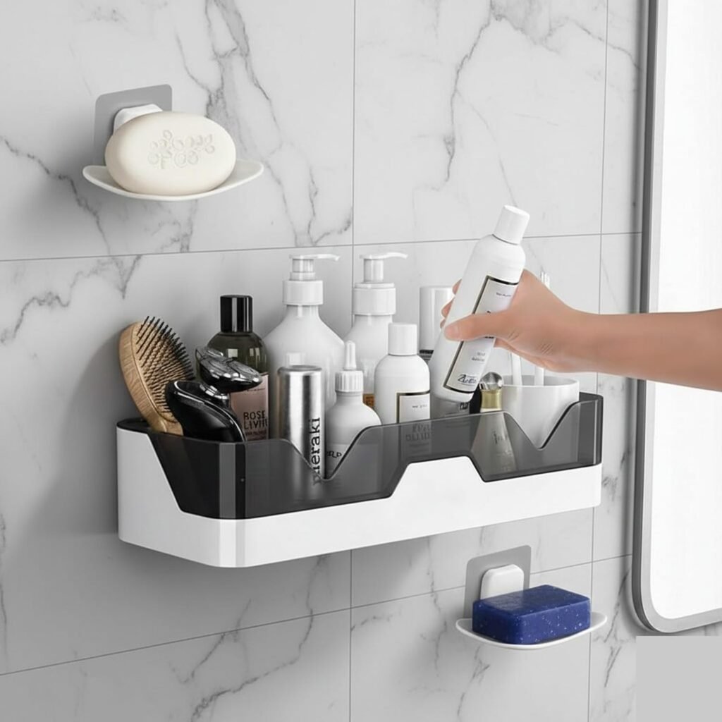 Bathroom Organizer Combo Set – Wall Shelf + Soap Dish + Hooks |  No Drill Adhesive | Novique Essentials