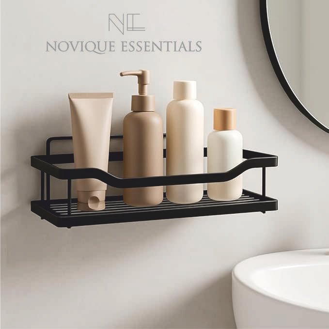 Black Metal Wall-Mounted Bathroom Shelf | Sleek Minimalist  Storage Rack | No Drill Adhesive | Novique Essentials