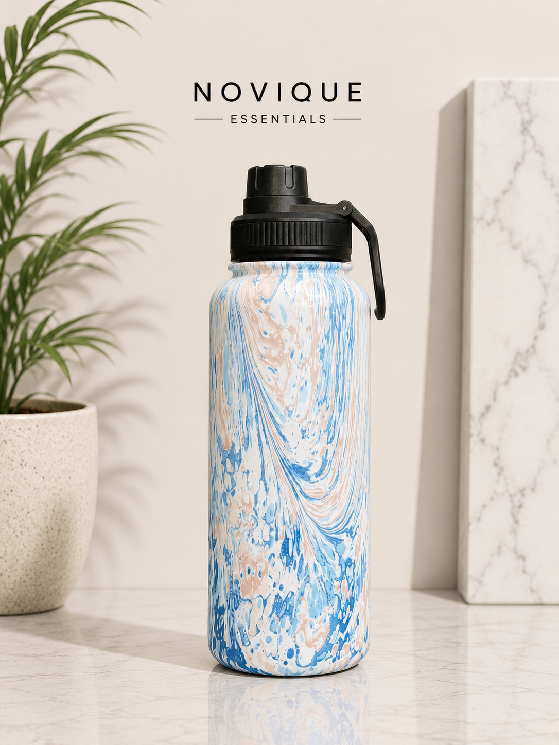 Novique Essentials Ocean Mist Marble Print Insulated Water Bottle – 1 Litre