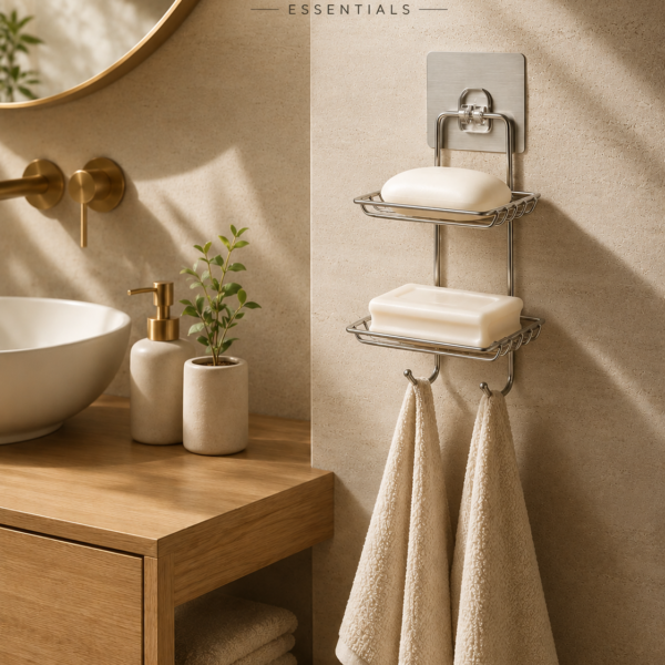 Double Layer Wall-Mounted Soap Dish with 2 Hooks |  Stainless Steel | No Drill Adhesive | Novique Essentials
