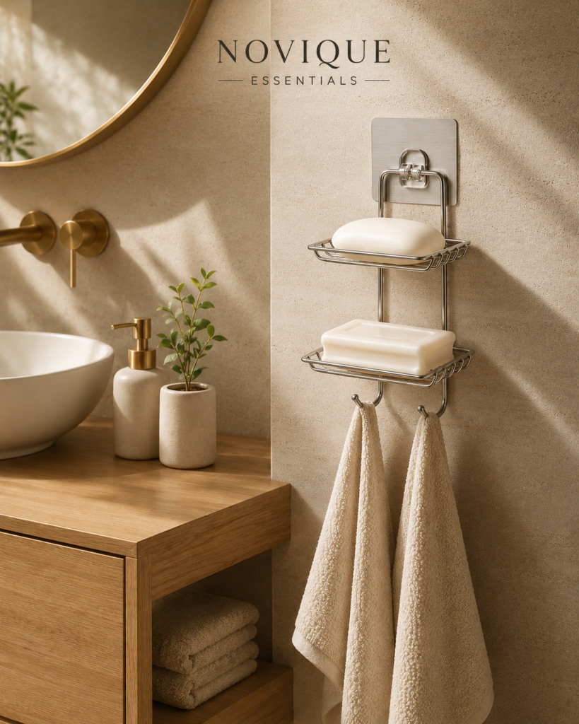 Double Layer Wall-Mounted Soap Dish with 2 Hooks |  Stainless Steel | No Drill Adhesive | Novique Essentials