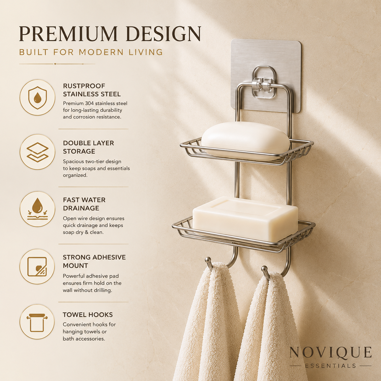 Double Layer Wall-Mounted Soap Dish with 2 Hooks | Stainless Steel | No Drill Adhesive | Novique Essentials - Image 6