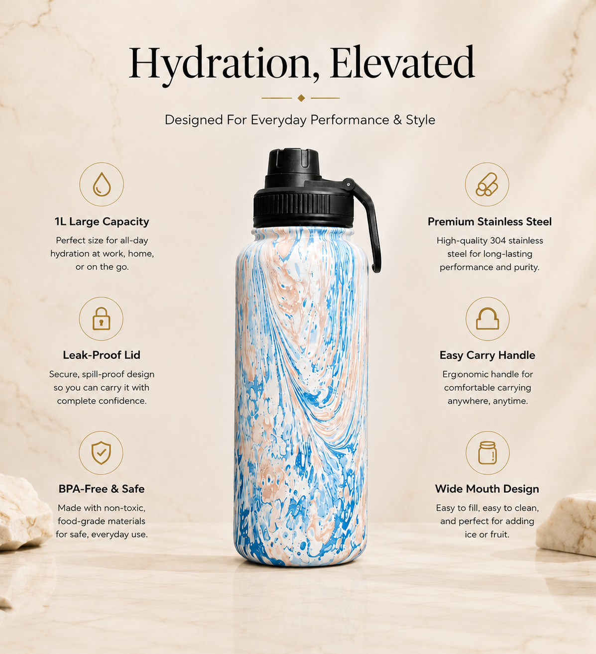 Novique Essentials Ocean Mist Marble Print Insulated Water Bottle – 1 Litre - Image 2