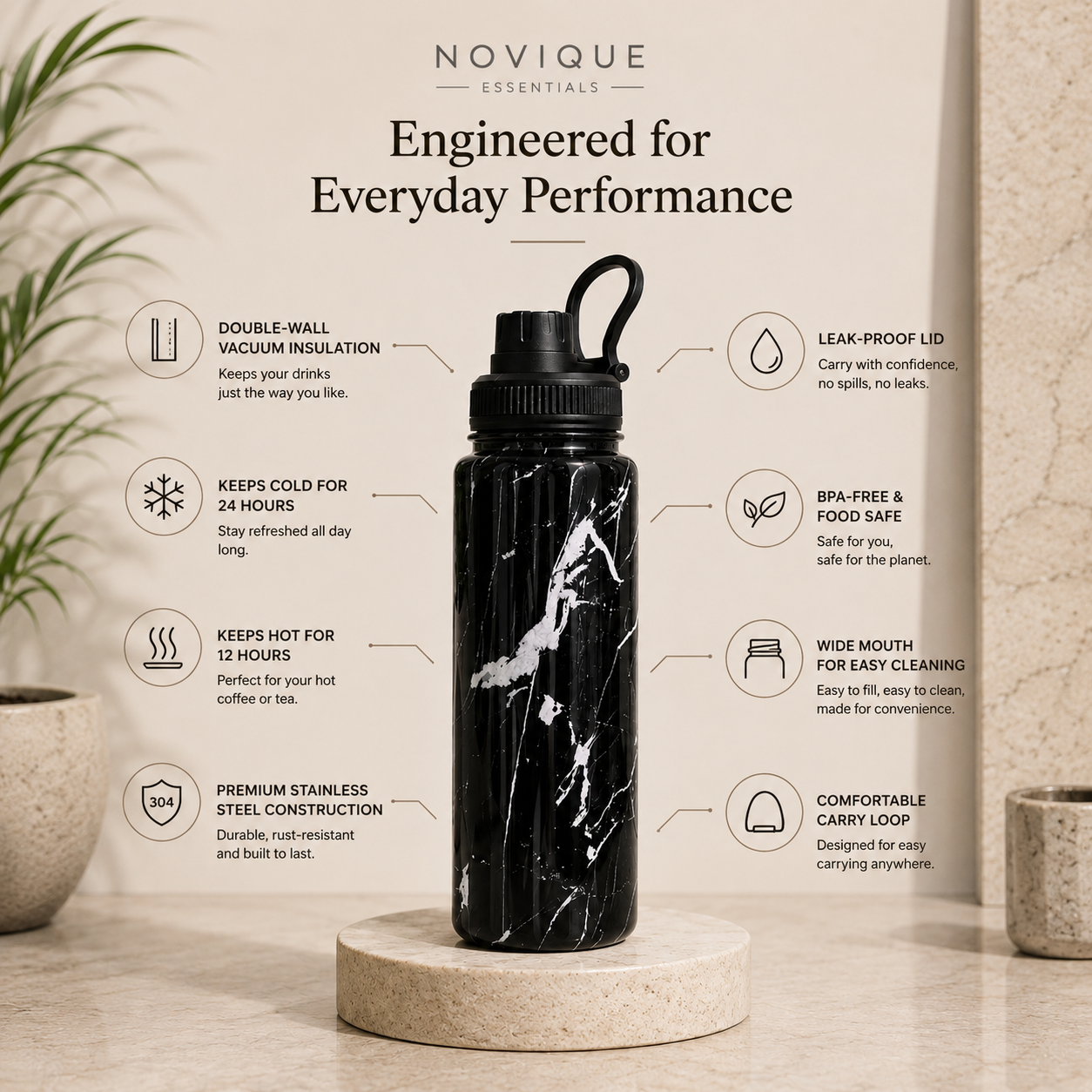 Novique Essentials Imperial Black 1L Stainless Steel Insulated Water Bottle - Image 2