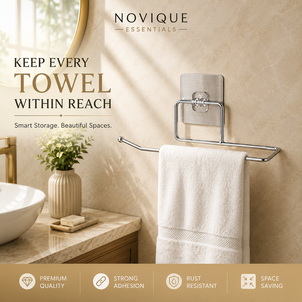 Novique Essentials Premium Adhesive Stainless Steel Tower Holder For Bathroom | No Drill Wall Mounted Towel Rack - Image 2