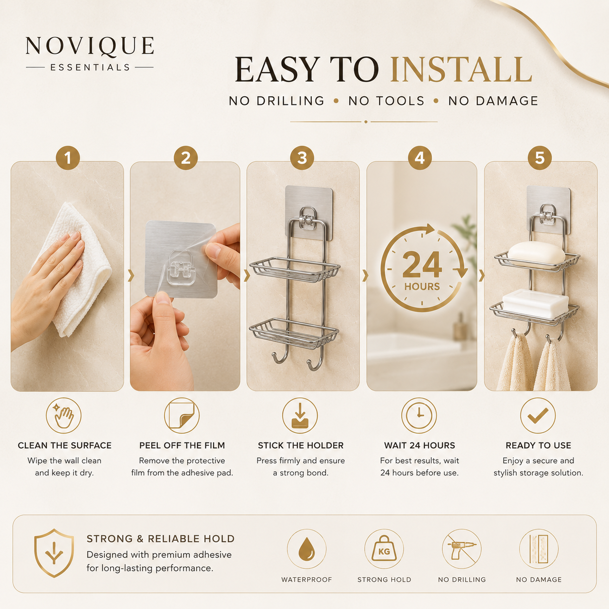 Double Layer Wall-Mounted Soap Dish with 2 Hooks | Stainless Steel | No Drill Adhesive | Novique Essentials - Image 3