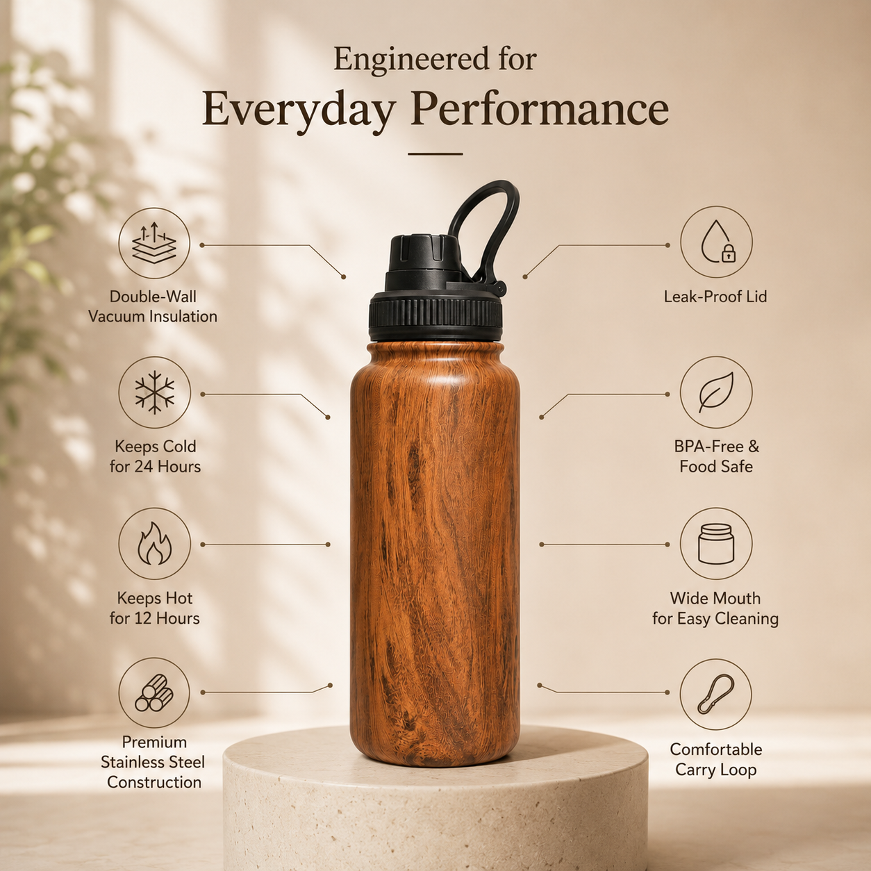 Novique Essentials Royal Walnut 1L Stainless Steel Insulated Water Bottle - Image 3