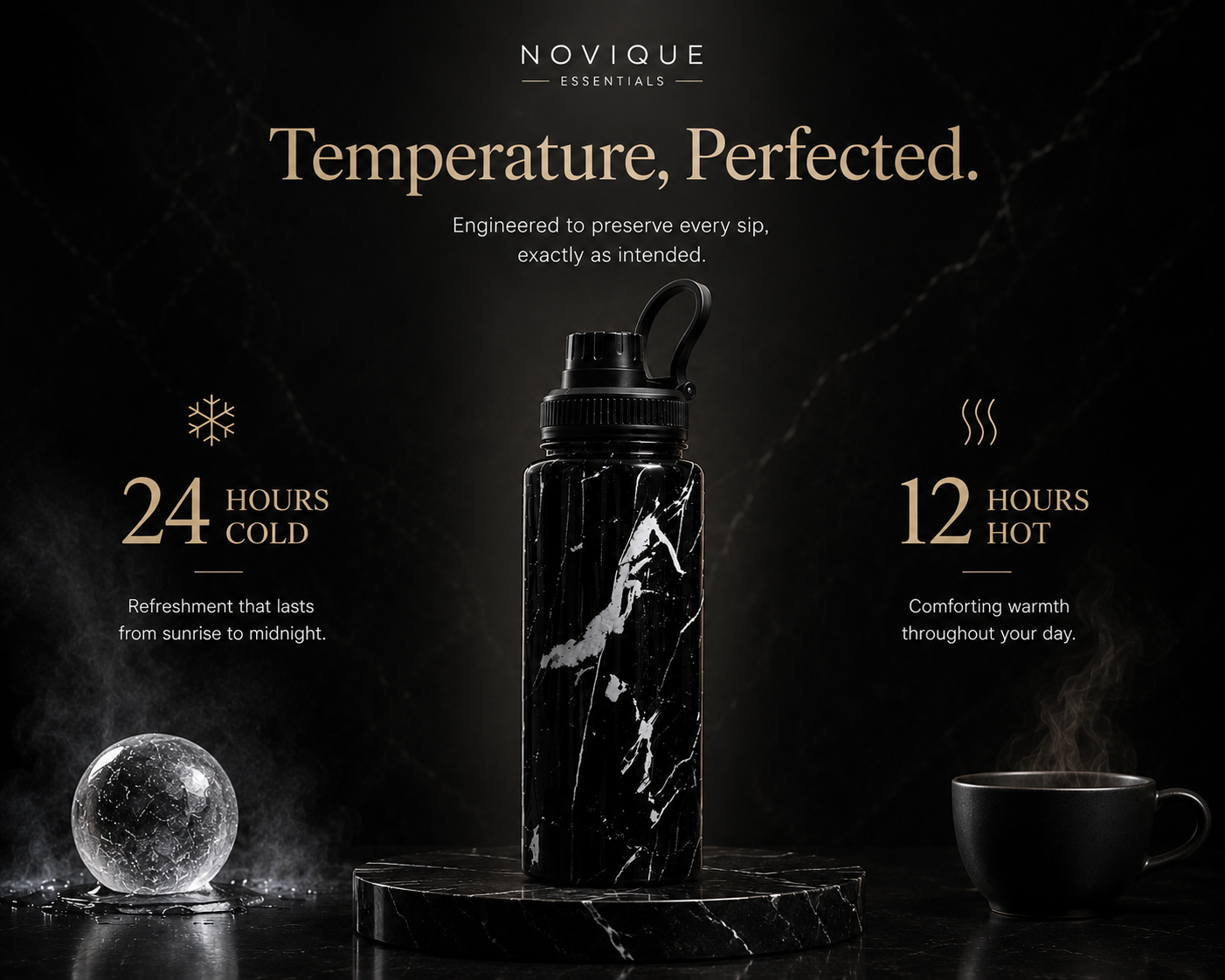 Novique Essentials Imperial Black 1L Stainless Steel Insulated Water Bottle - Image 4