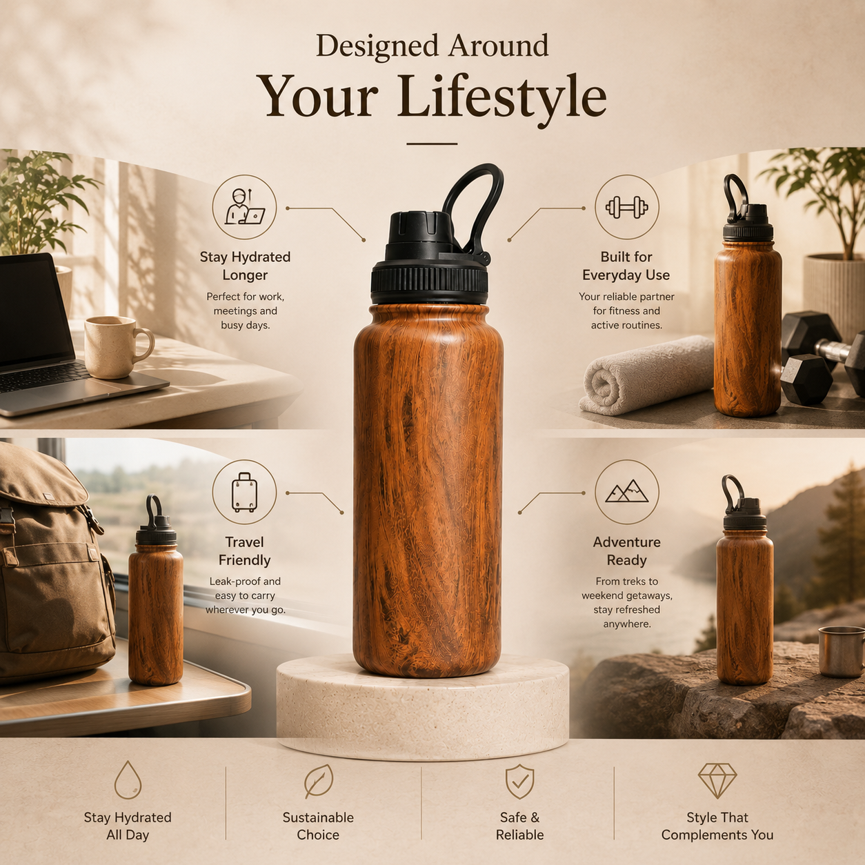 Novique Essentials Royal Walnut 1L Stainless Steel Insulated Water Bottle - Image 4