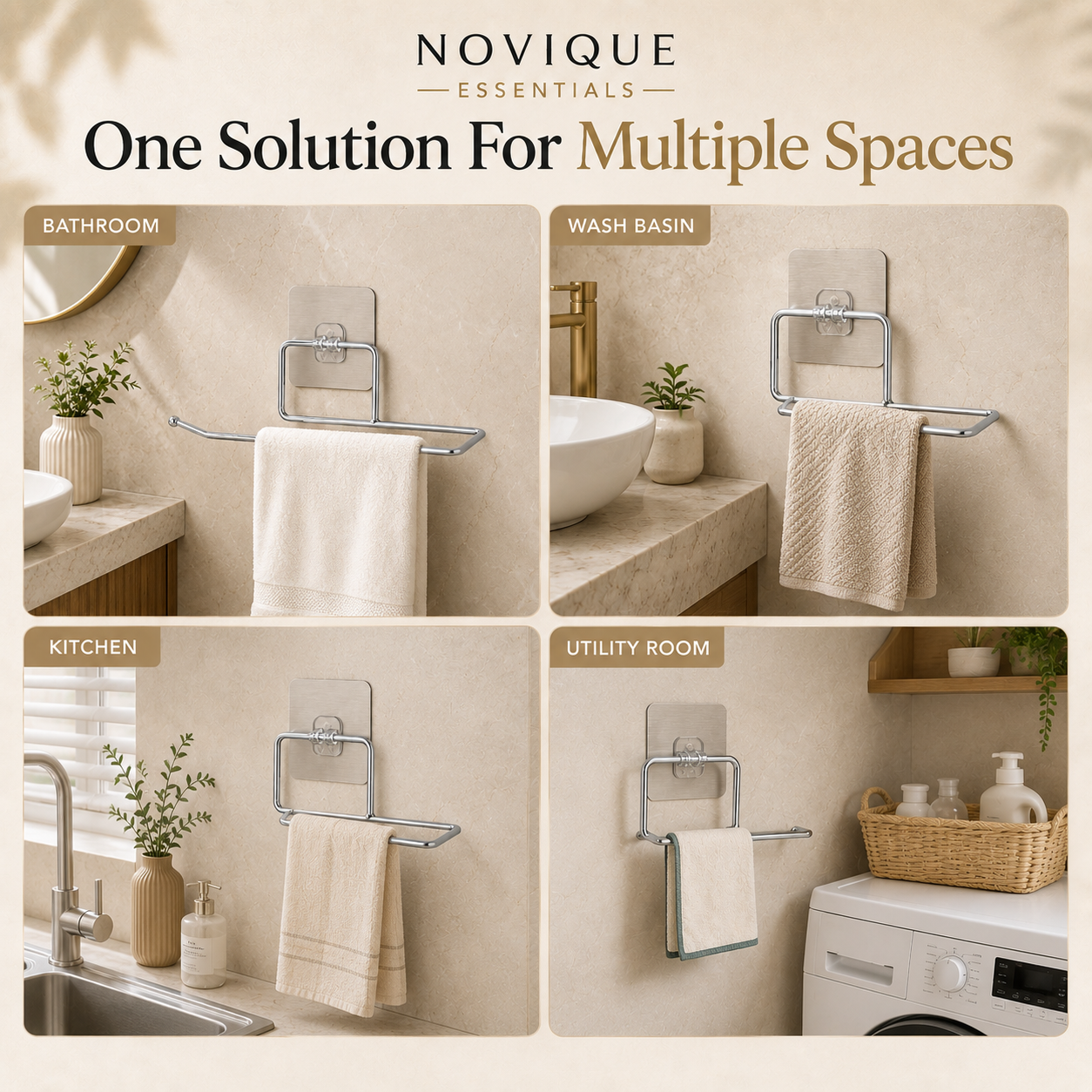 Novique Essentials Premium Adhesive Stainless Steel Tower Holder For Bathroom | No Drill Wall Mounted Towel Rack - Image 4