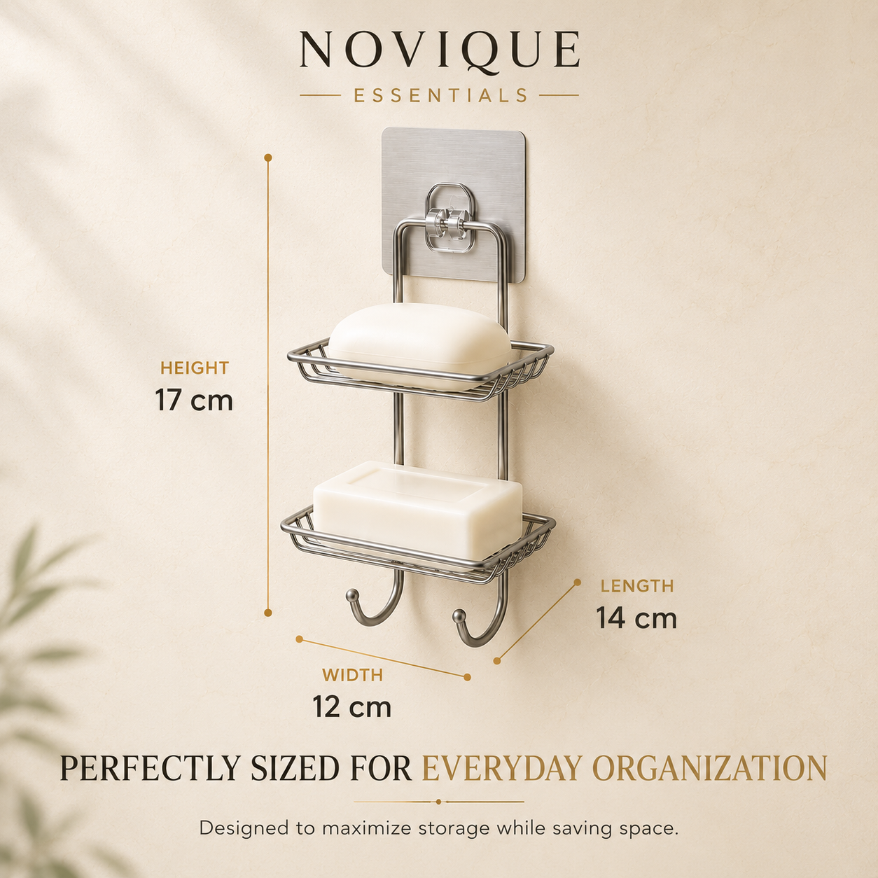 Double Layer Wall-Mounted Soap Dish with 2 Hooks | Stainless Steel | No Drill Adhesive | Novique Essentials - Image 2