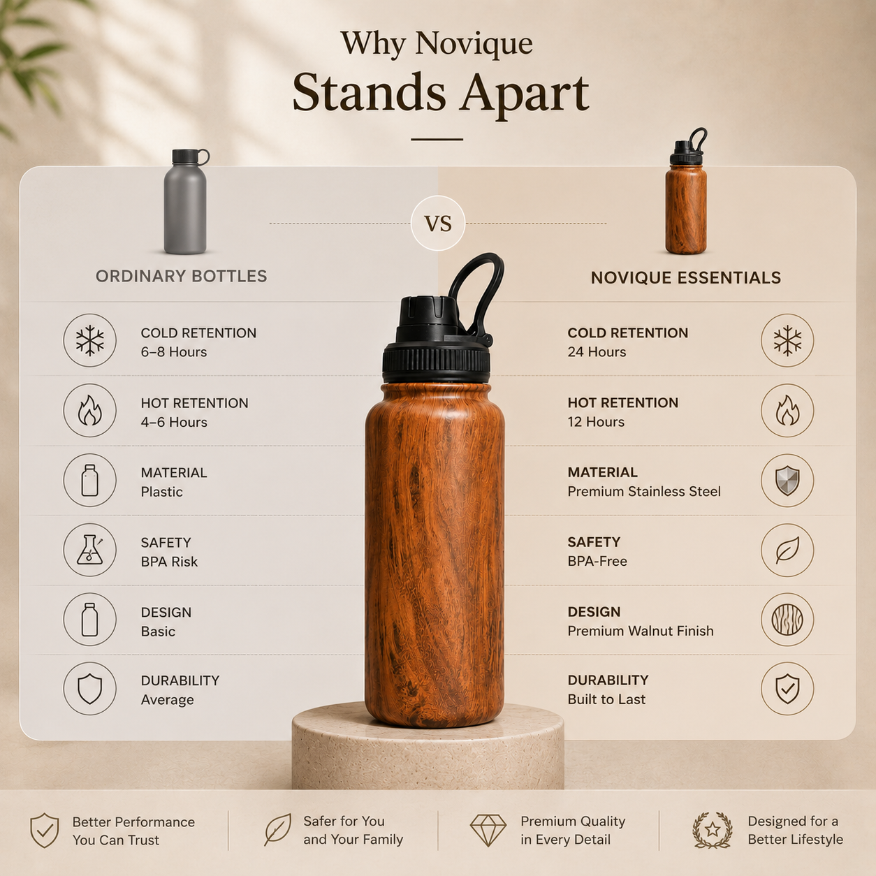 Novique Essentials Royal Walnut 1L Stainless Steel Insulated Water Bottle - Image 5