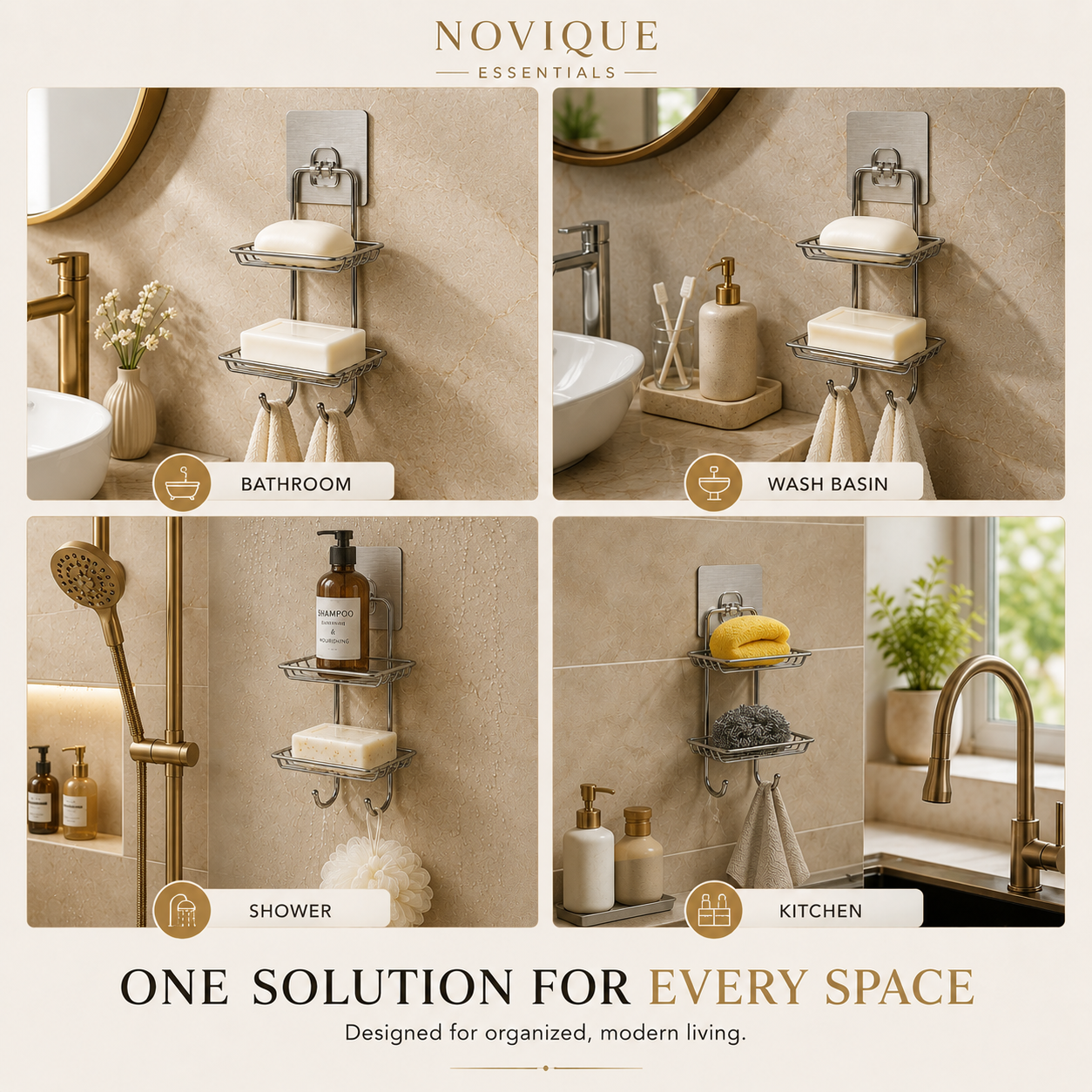 Double Layer Wall-Mounted Soap Dish with 2 Hooks | Stainless Steel | No Drill Adhesive | Novique Essentials - Image 5