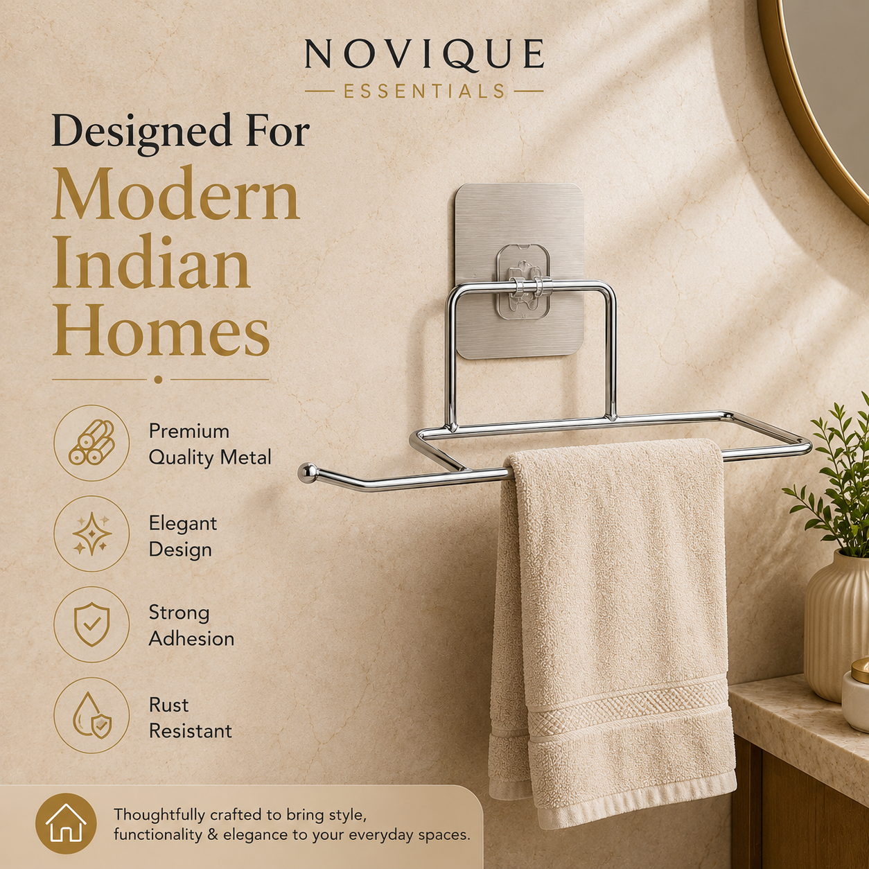 Novique Essentials Premium Adhesive Stainless Steel Tower Holder For Bathroom | No Drill Wall Mounted Towel Rack - Image 6